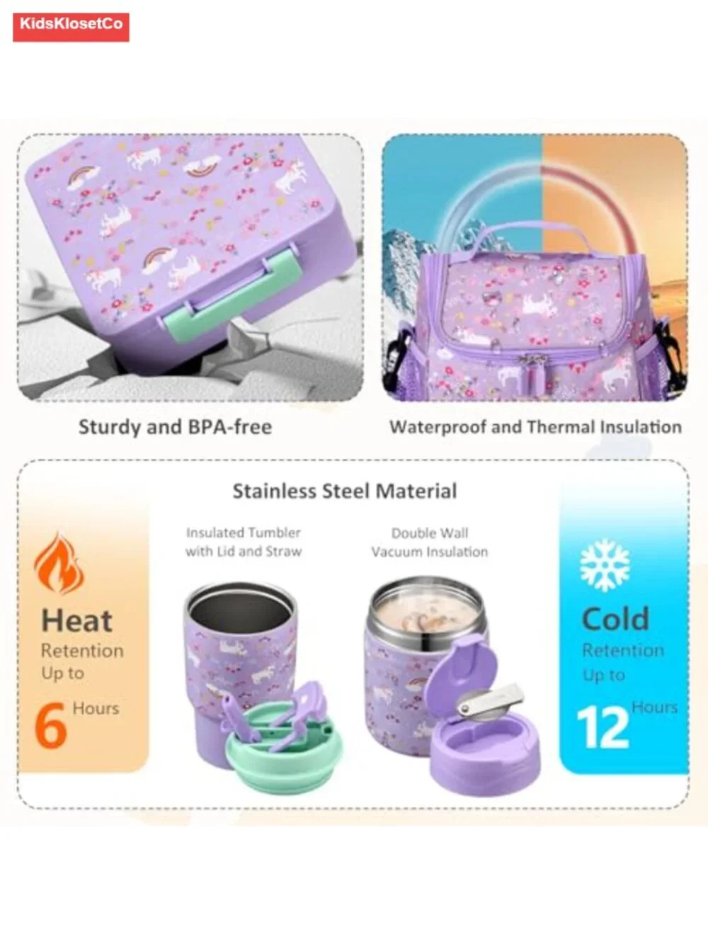 Lunch Box Set - Bento Box, 17oz Thermos, Water Bottle & Insulated Bag for Kids